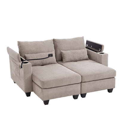 Convertible Chaise Lounge Loveseat Sofa Bed With USB Ports, Cup Holders, Phone Holder, Storage - Brown