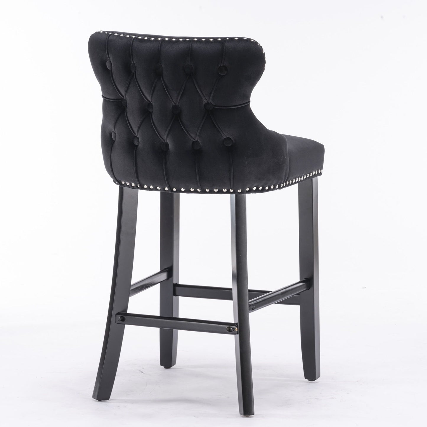 Contemporary Velvet Upholstered Wing-Back Barstools With Button Tufted Decoration And Wooden Legs, And Chrome Nailhead Trim, Leisure Style Bar Chairs, Bar Stools (Set of 4) - Black