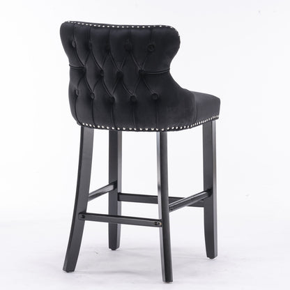 Contemporary Velvet Upholstered Wing-Back Barstools With Button Tufted Decoration And Wooden Legs, And Chrome Nailhead Trim, Leisure Style Bar Chairs, Bar Stools (Set of 4) - Black