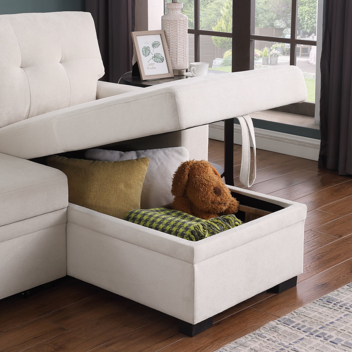 Lucca II - Woven Fabric Reversible Sleeper Sectional Sofa With Storage Chaise and Pocket Coil Seating - Beige