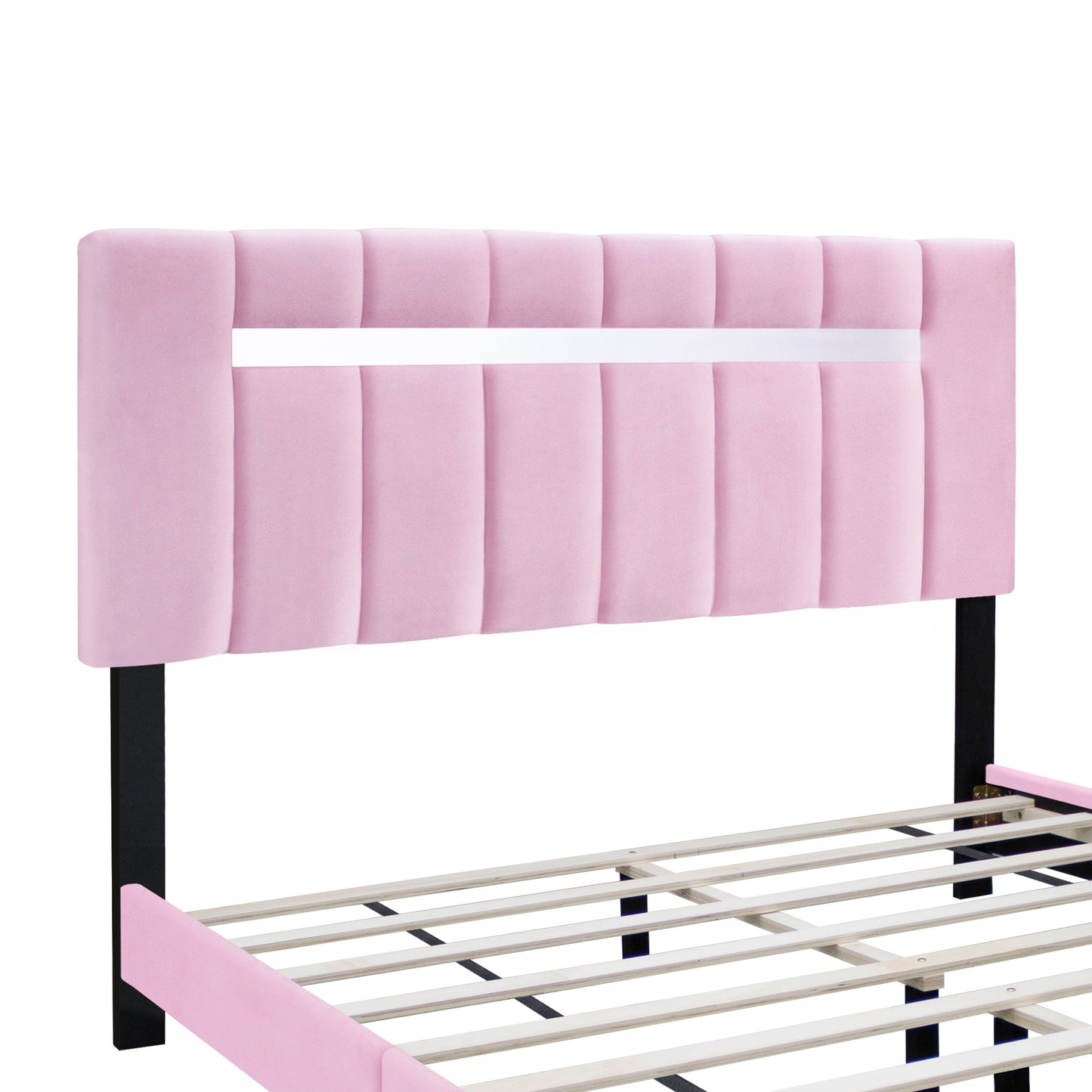 Velvet Upholstered Bed Frame With Adjustable Features, Teenage Girl's Favorite Collection - Pink