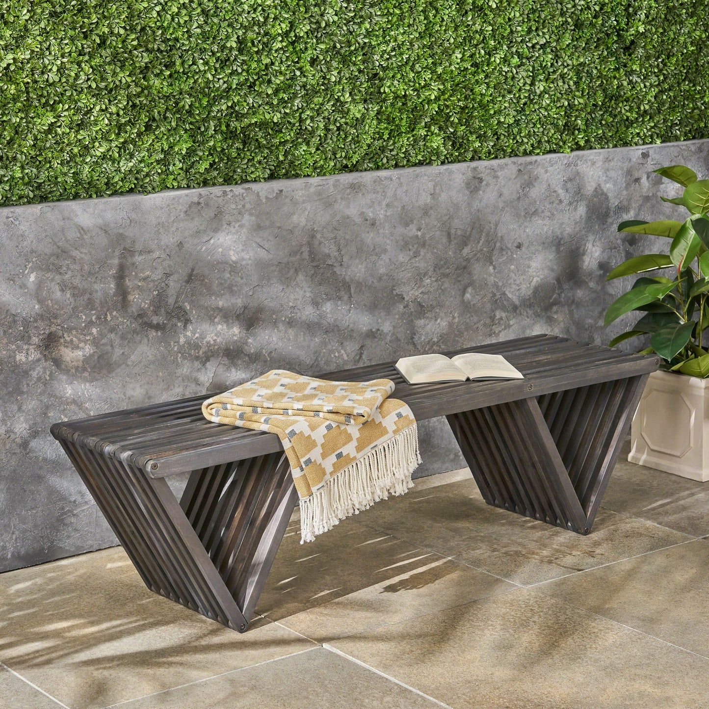 Gloaming - Outdoor Bench With Slat Design And Triangular Base - Dark Gray