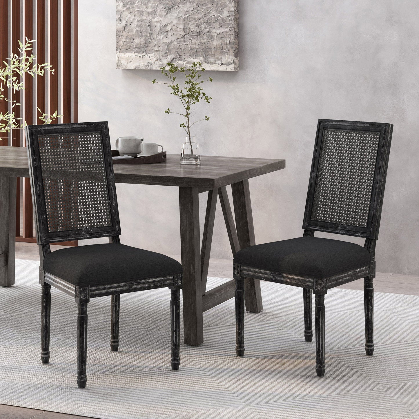French Country Inspired Dining Chair Set With Cane Backrest - Distressed Light Brown