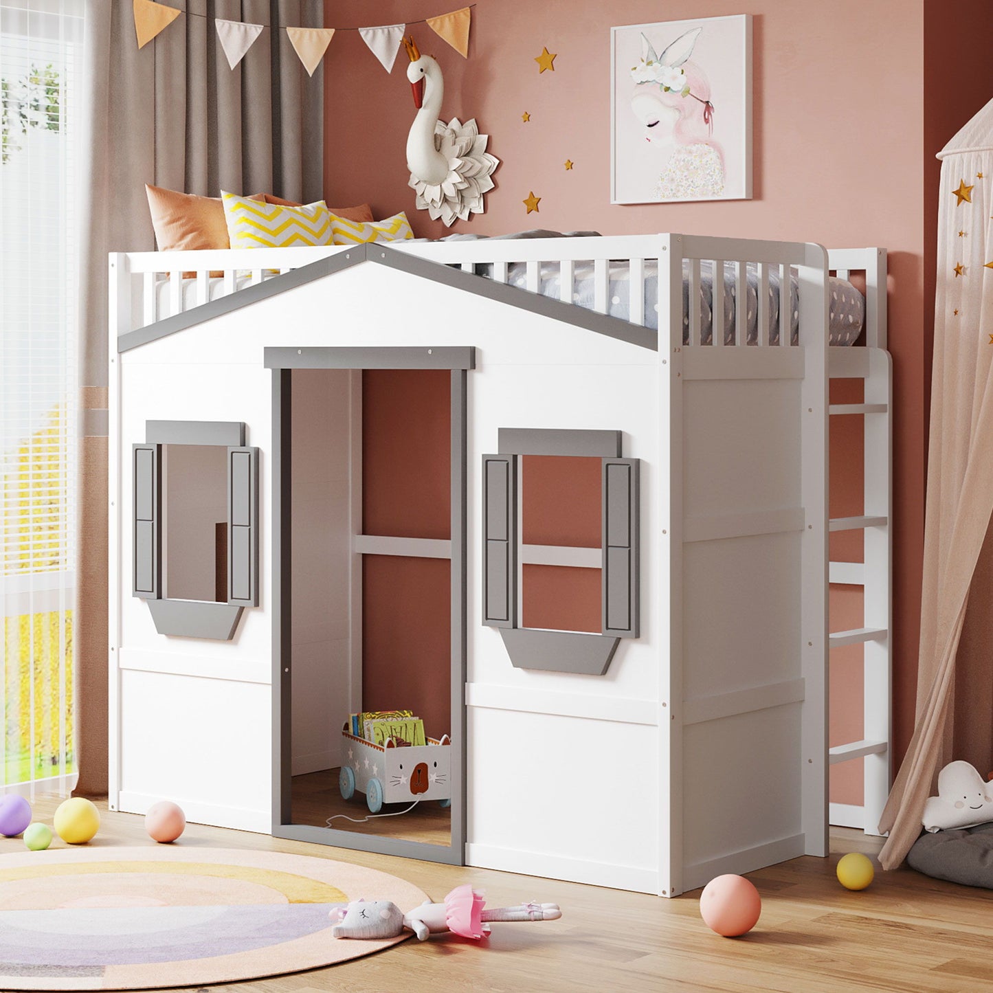 Twin Size House Loft Bed With Ladder - White / Gray