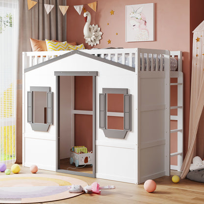 Twin Size House Loft Bed With Ladder - White / Gray