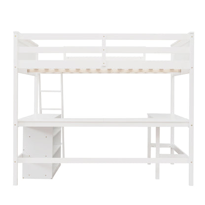 Full Size Loft Bed With Shelves With Desk - White