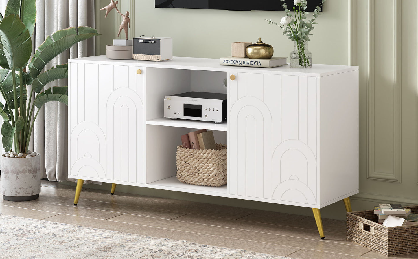 Modern TV Stand For TVs Up To 55", Entertainment Center Media Console, Adjustable Shelf, Metal Legs, Handles And Anti-Tip Device For Living Room - White