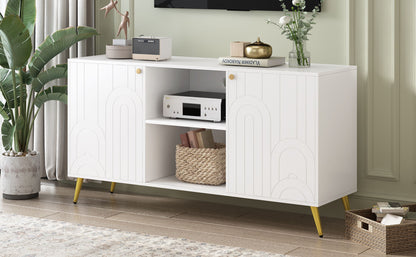 Modern TV Stand For TVs Up To 55", Entertainment Center Media Console, Adjustable Shelf, Metal Legs, Handles And Anti-Tip Device For Living Room - White