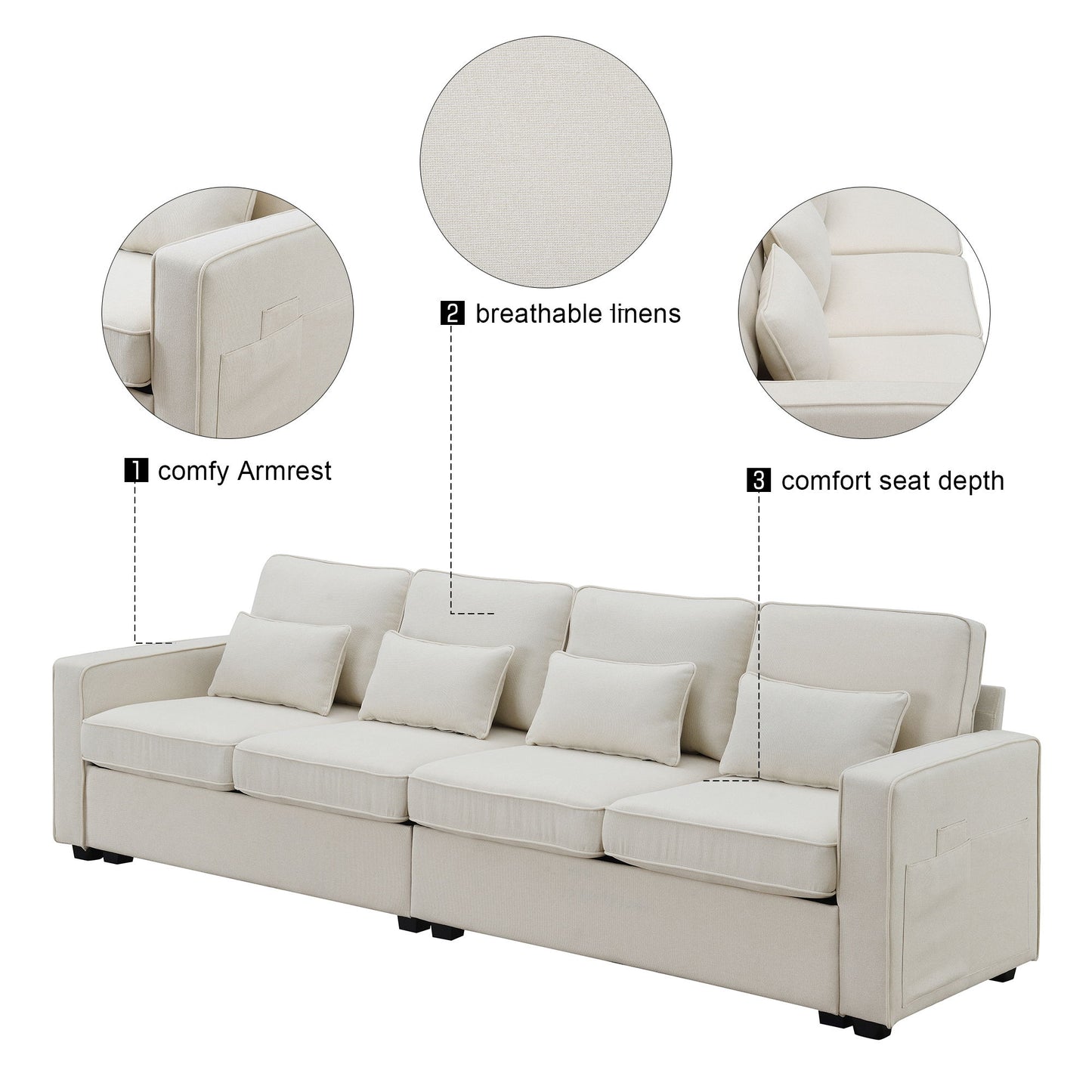 4 Seater Modern Linen Sofa With Armrest Pockets And 4 Pillows, Minimalist Style Couch - Beige