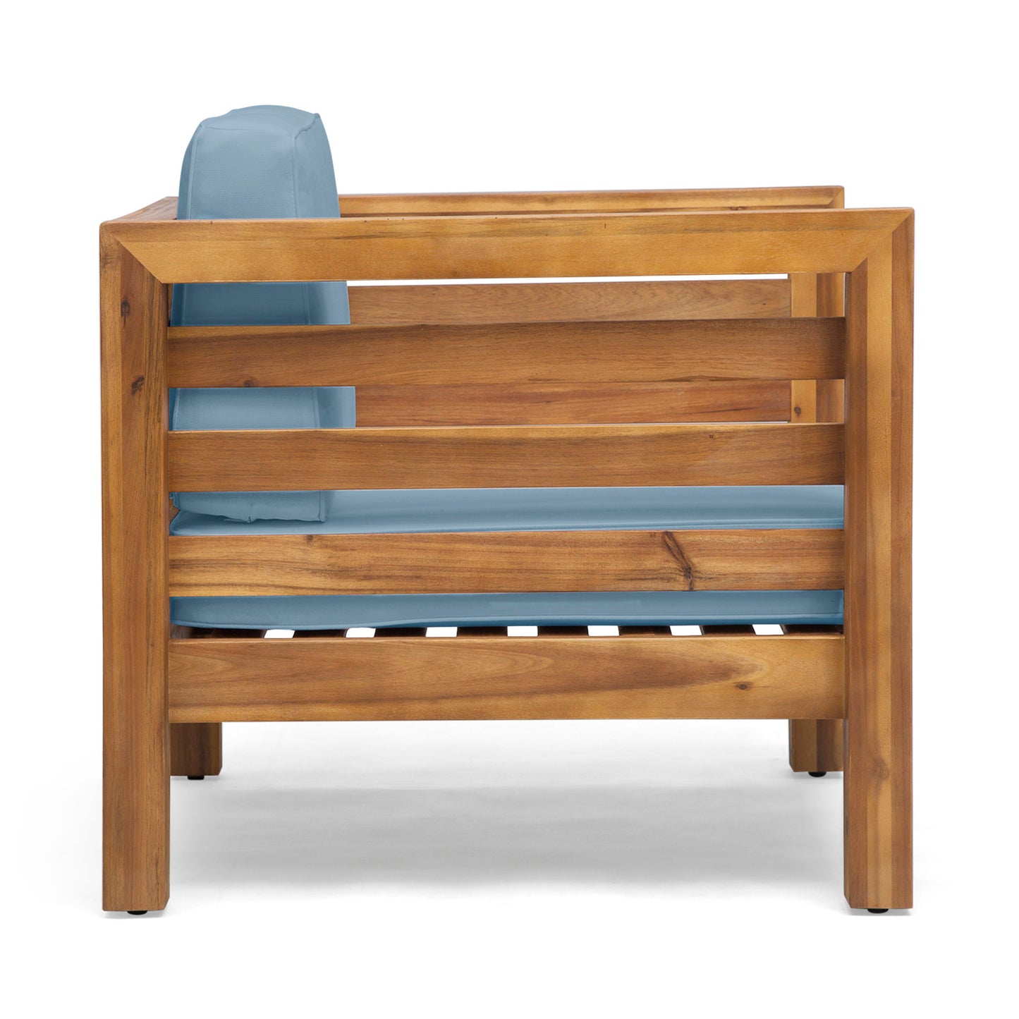 Outdoor Club Chair, Acacia Wood Patio Chair With Fabric Cushion For Backyard, Poolside, Garden Or Porch - Pecan / Blue