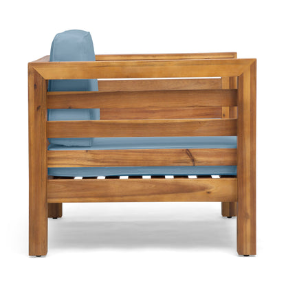 Outdoor Club Chair, Acacia Wood Patio Chair With Fabric Cushion For Backyard, Poolside, Garden Or Porch - Pecan / Blue