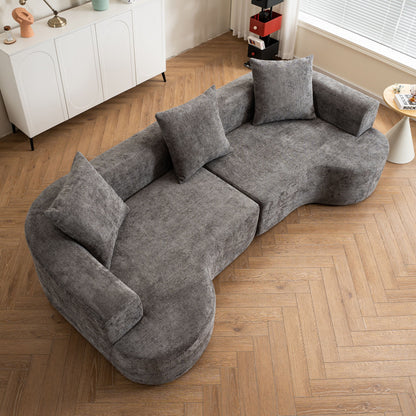 Modern Style Curved Sofa, Soft Cushioned Corduroy Sofa With 3 Pillows, Living Room Super Smooth Curved Fabric Sofa - Gray