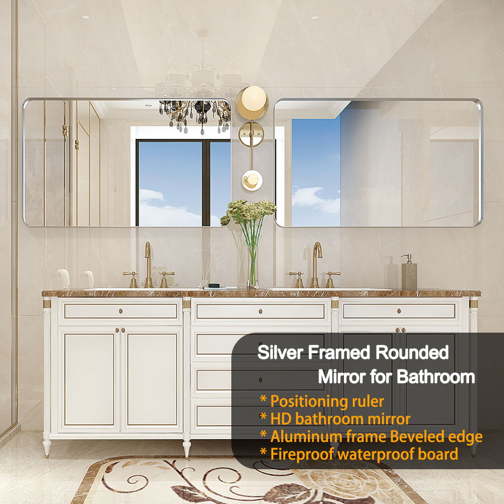 30X20" Rounded Corner Rectangle Bathroom Mirror For Wall Metal Frame Deep Set Design Hangs Wall Mounted Bathroom Mirror (Horizontal & Vertical) - Glossy Brushed Silver
