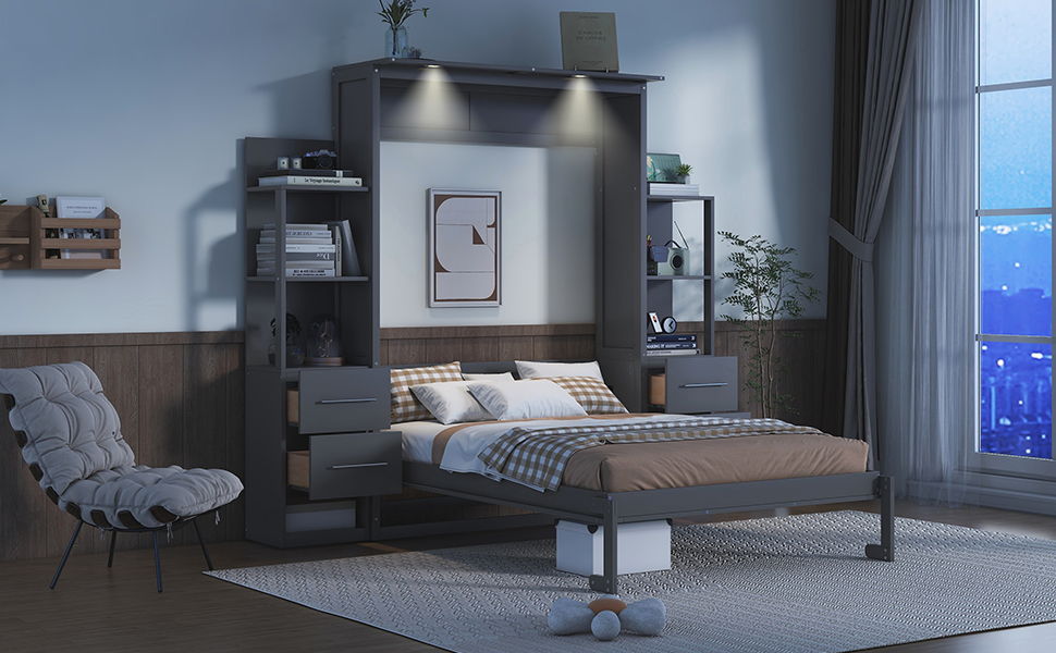 Full Size Murphy Wall Bed With Shelves, Drawers And LED Lights - Gray