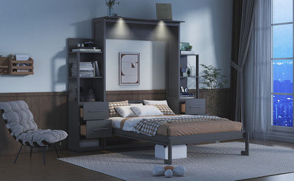 Full Size Murphy Wall Bed With Shelves, Drawers And LED Lights - Gray