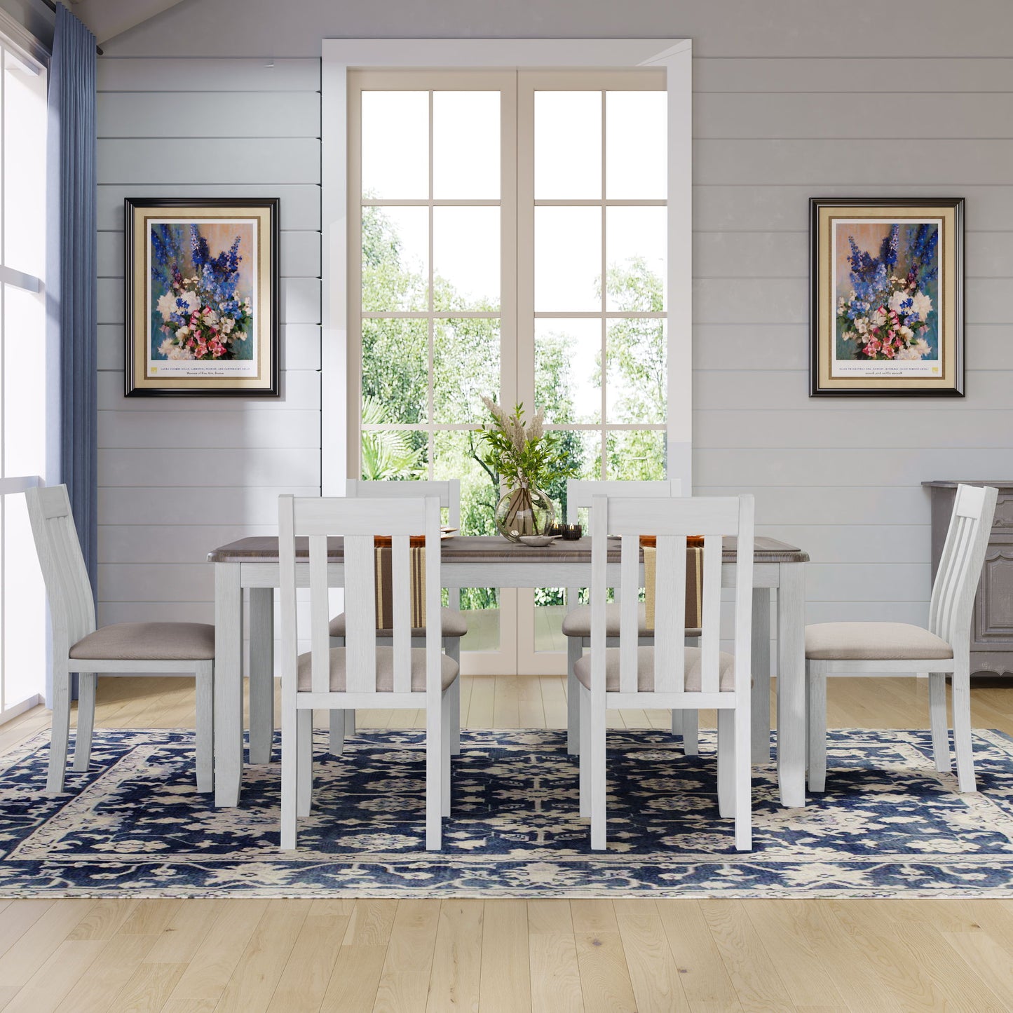 7 Piece Dining Table Set Retro Style With Extendable Table And 6 Upholstered Chairs - Brown / White