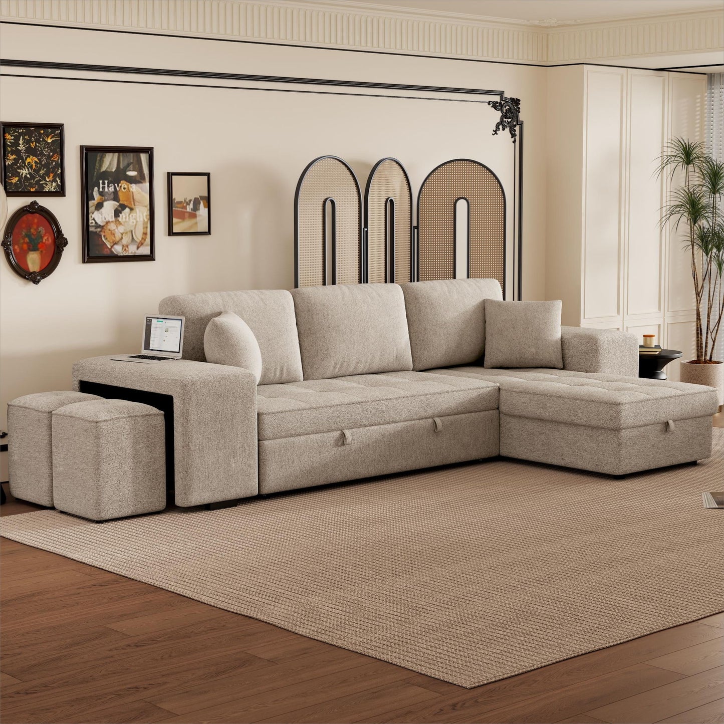 Modern L-Shape 3 Seat Reversible Sectional Couch, Pull Out Sleeper Sofa With Storage Chaise And 2 Stools For Living Room Furniture Set - Cream