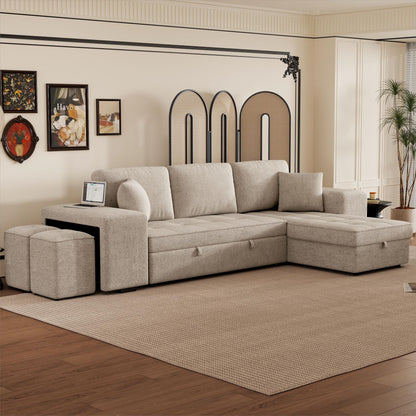 Modern L-Shape 3 Seat Reversible Sectional Couch, Pull Out Sleeper Sofa With Storage Chaise And 2 Stools For Living Room Furniture Set - Cream