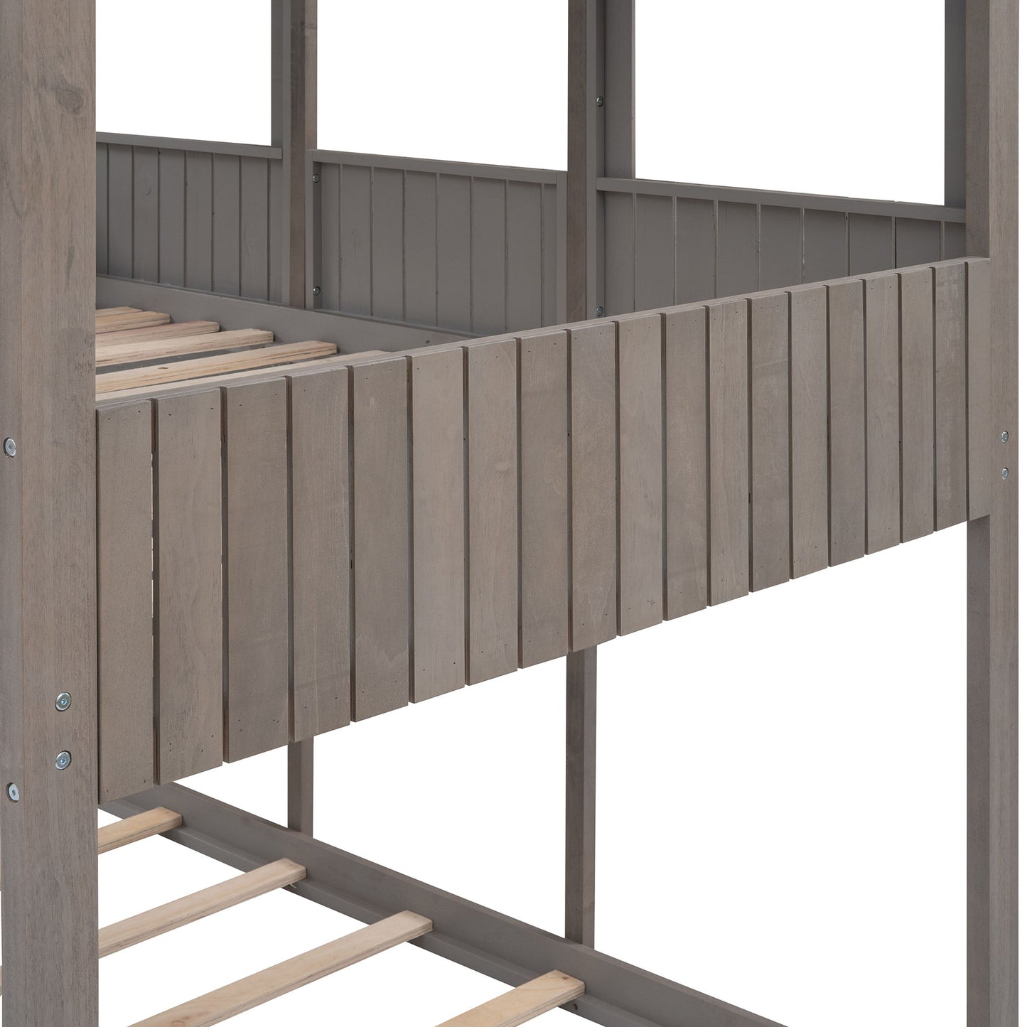 Full Over Full Bunk Bed With Roof, Window, Guardrail, Ladder - Antique Gray