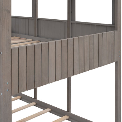 Full Over Full Bunk Bed With Roof, Window, Guardrail, Ladder - Antique Gray