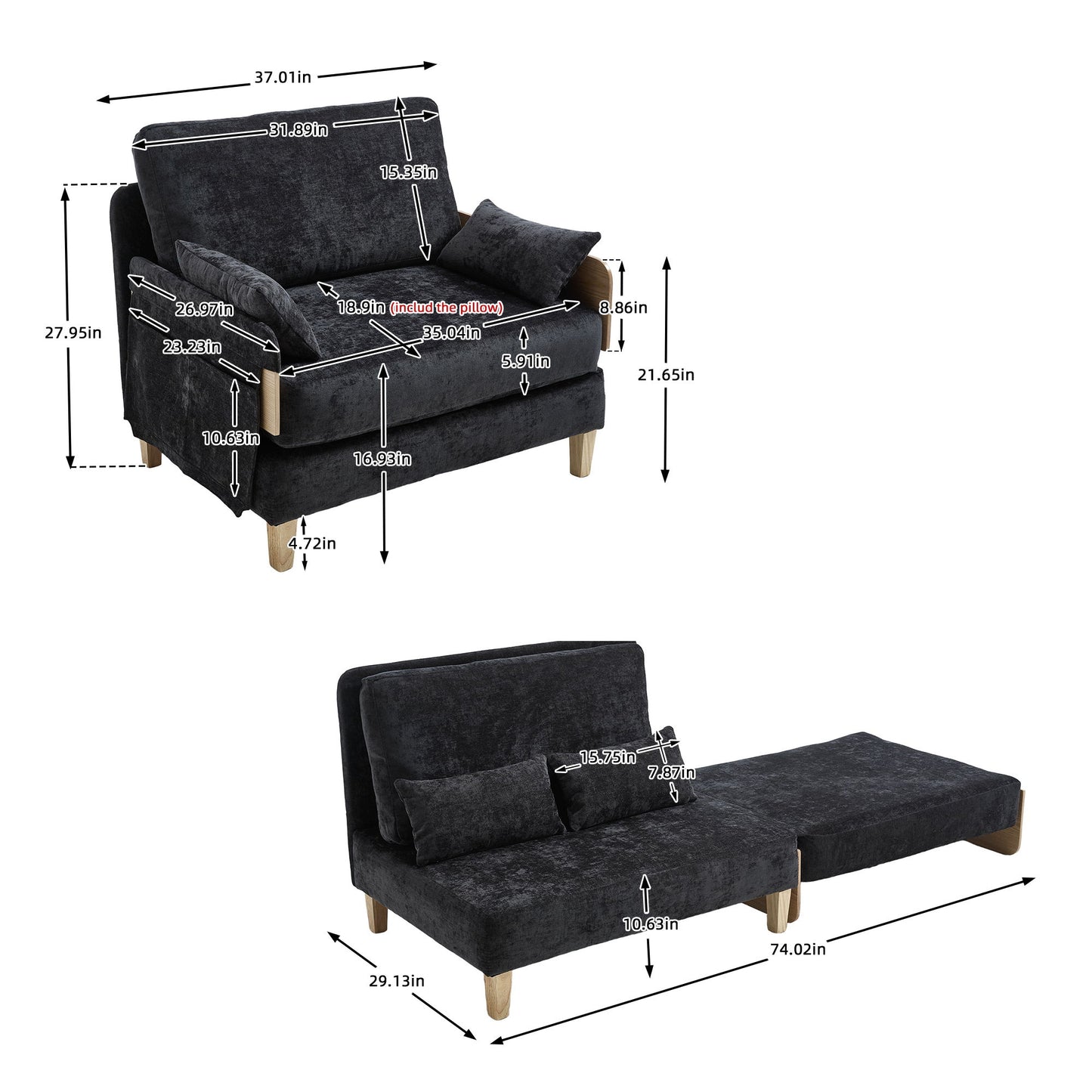 Mid Century Modern Foldable Sofa Bed Recliner, 3 - 1 Convertible Sleeper With 3 Pillows For Small Spaces - Black