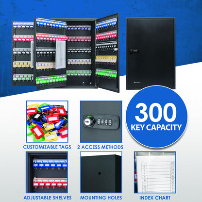 300 Key Adjustable Key Cabinet With Combination Lock - Black