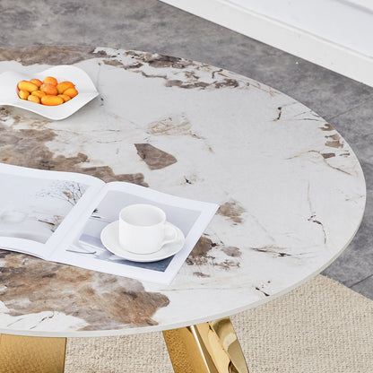 Stainless Steel Pattern Burning Stone Round Table Suitable For 2, 4 Or 6 People - Gold / White