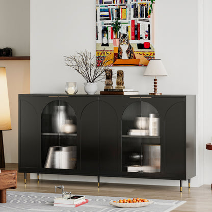 Accent Cabinet Lacquered Wooden Cabinet With 4 Glass Doors Sideboard Buffet Server Cabinet Storage Cabinet, For Living Room, Entryway, Hallway, Office, Kitchen And Dining Room - Black