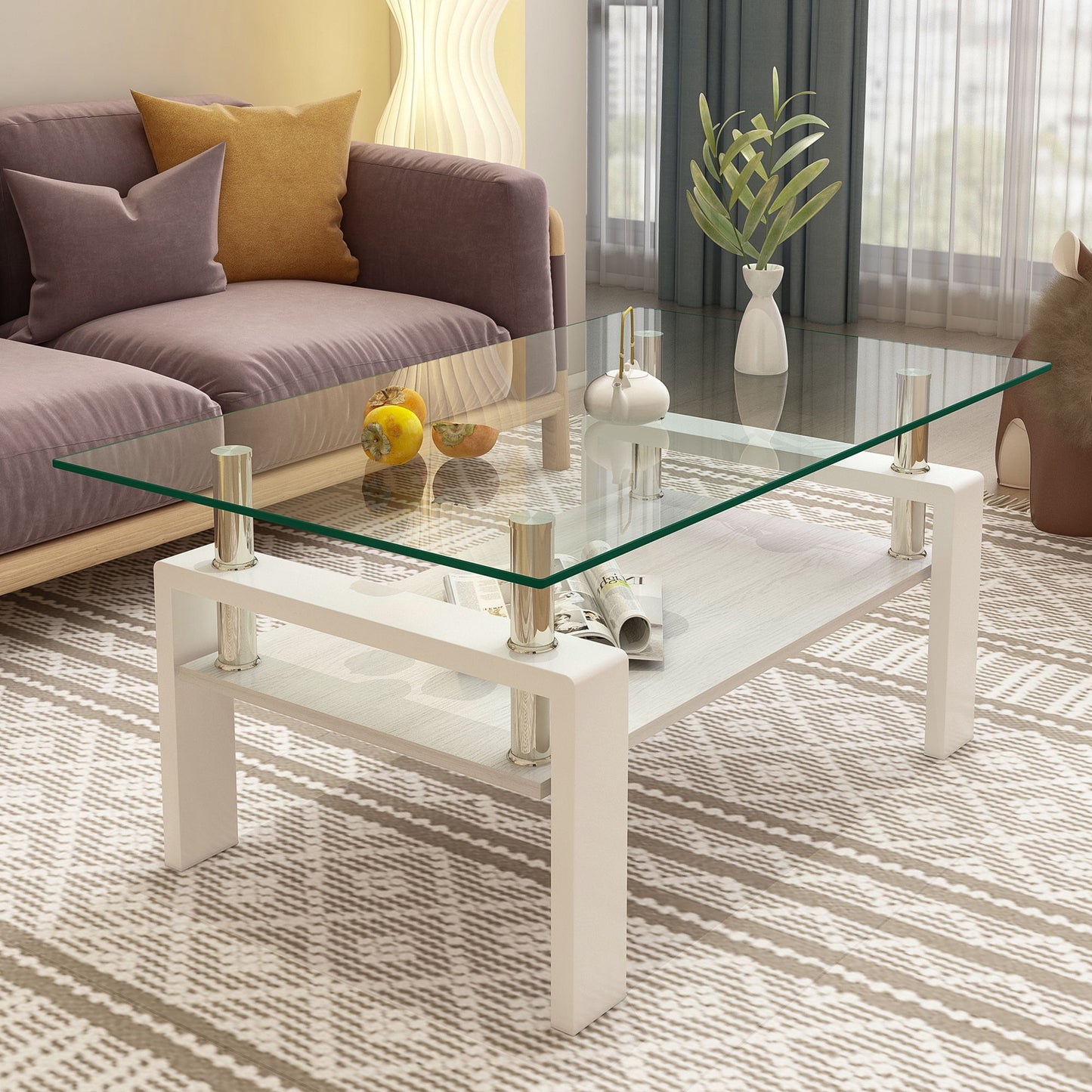 Modern Rectangular Coffee Table & Tempered Glass Top Layer, Table For Living Room - Transparent