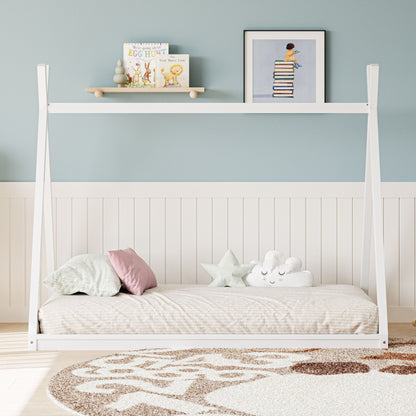 Wood Twin Size Tent Bed For Kids, Montessori Style Low - Floor Bed, House-Shape Tent Bed Frame For Boys Girls Teens, Without Slats - White