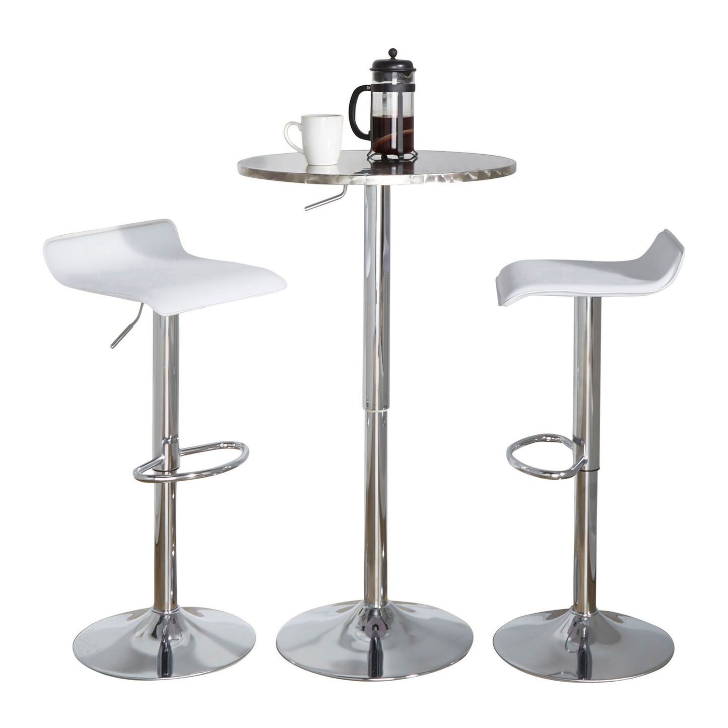 Ale - 3 Piece Bar Set Bistro Round Contemporary Adjustable Oval Footrest - Silver / Chrome / White