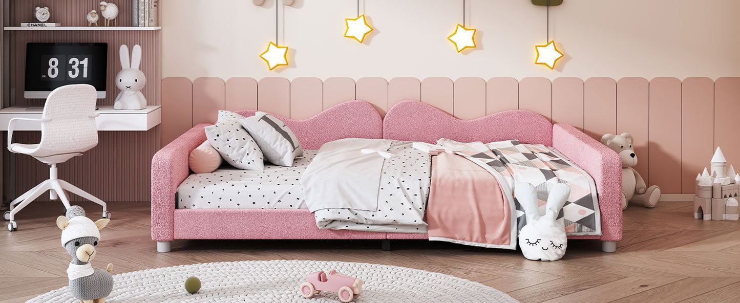 Full Size Upholstered Daybed, Sherpa Fabric Sofabed With Cloud-Shaped Backrest, No Box - Spring Needed - Pink