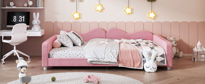 Full Size Upholstered Daybed, Sherpa Fabric Sofabed With Cloud-Shaped Backrest, No Box - Spring Needed - Pink
