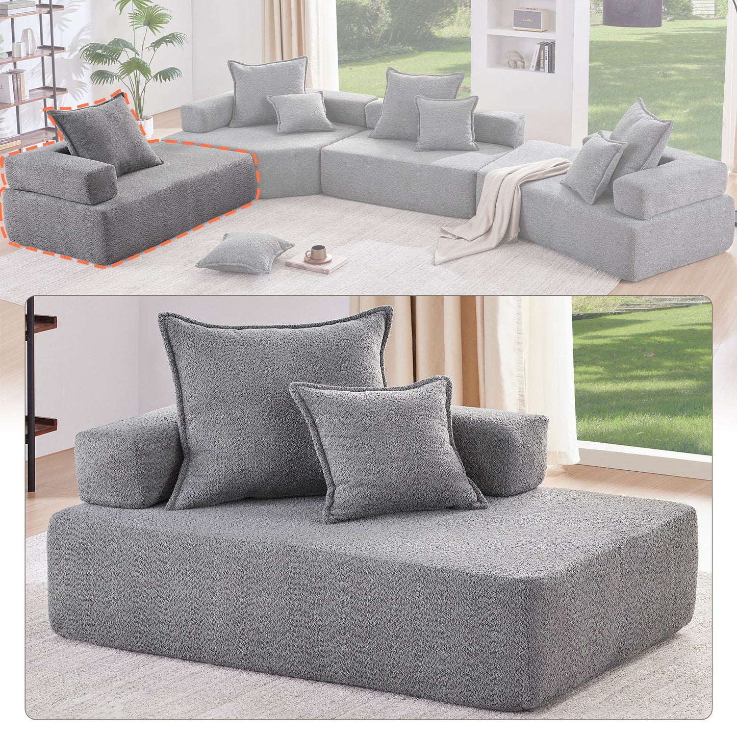 Lounge Frame For Oversized Modular U Shaped Sectional Floor Couch Convertible Compressed Couch, Spacious Foam Filled Sofa - Gray