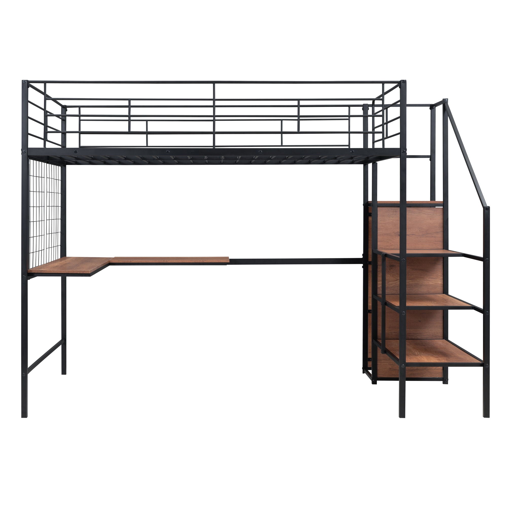 Full Size Loft Bed With Desk And Grid, Stylish Frame With Lateral Storage Ladder And Wardrobe - Black