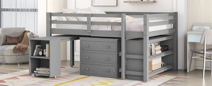 Full Loft Low Study Bed With Cabinet, Shelves And Rolling Portable Desk, Multiple Functions- Gray
