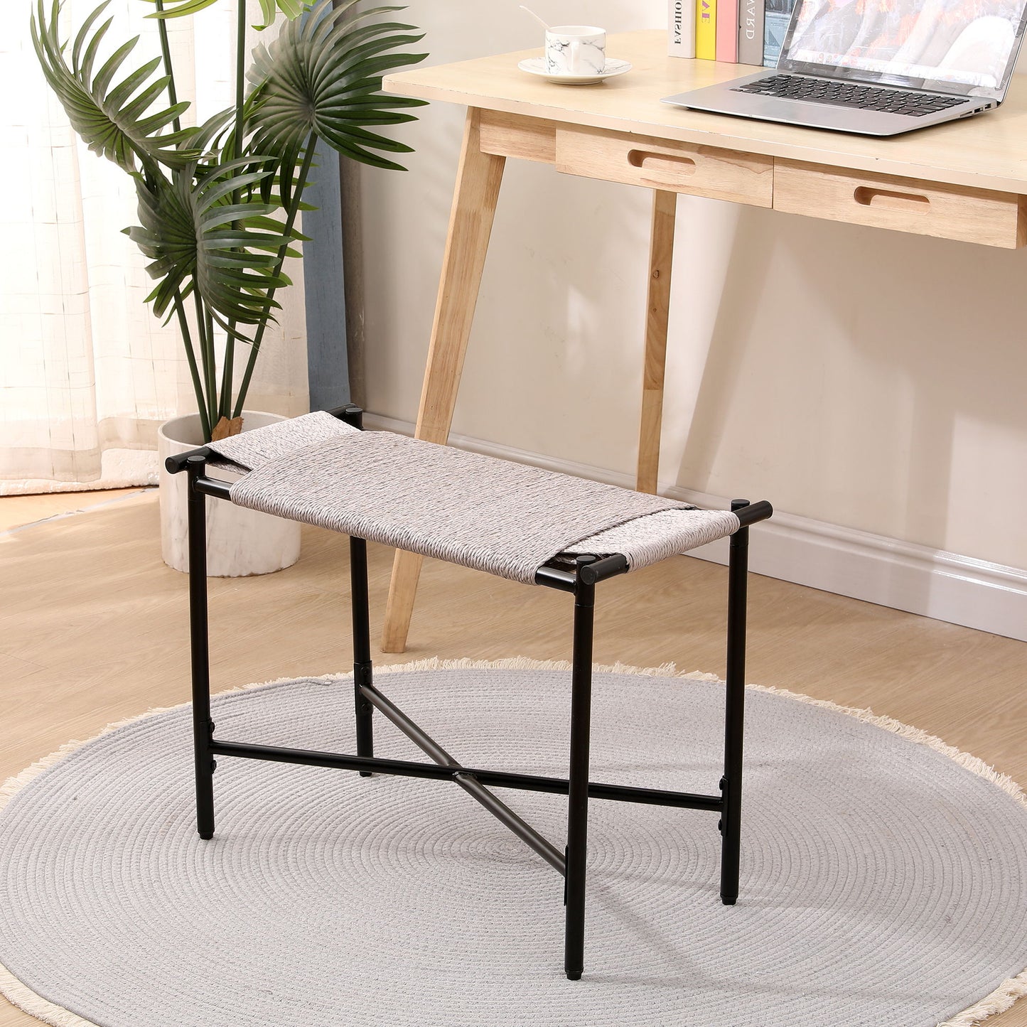 Boho Hand Woven Entryway Ottoman Vanity Chair Footrest Stool For Living Room Sofas - Gray