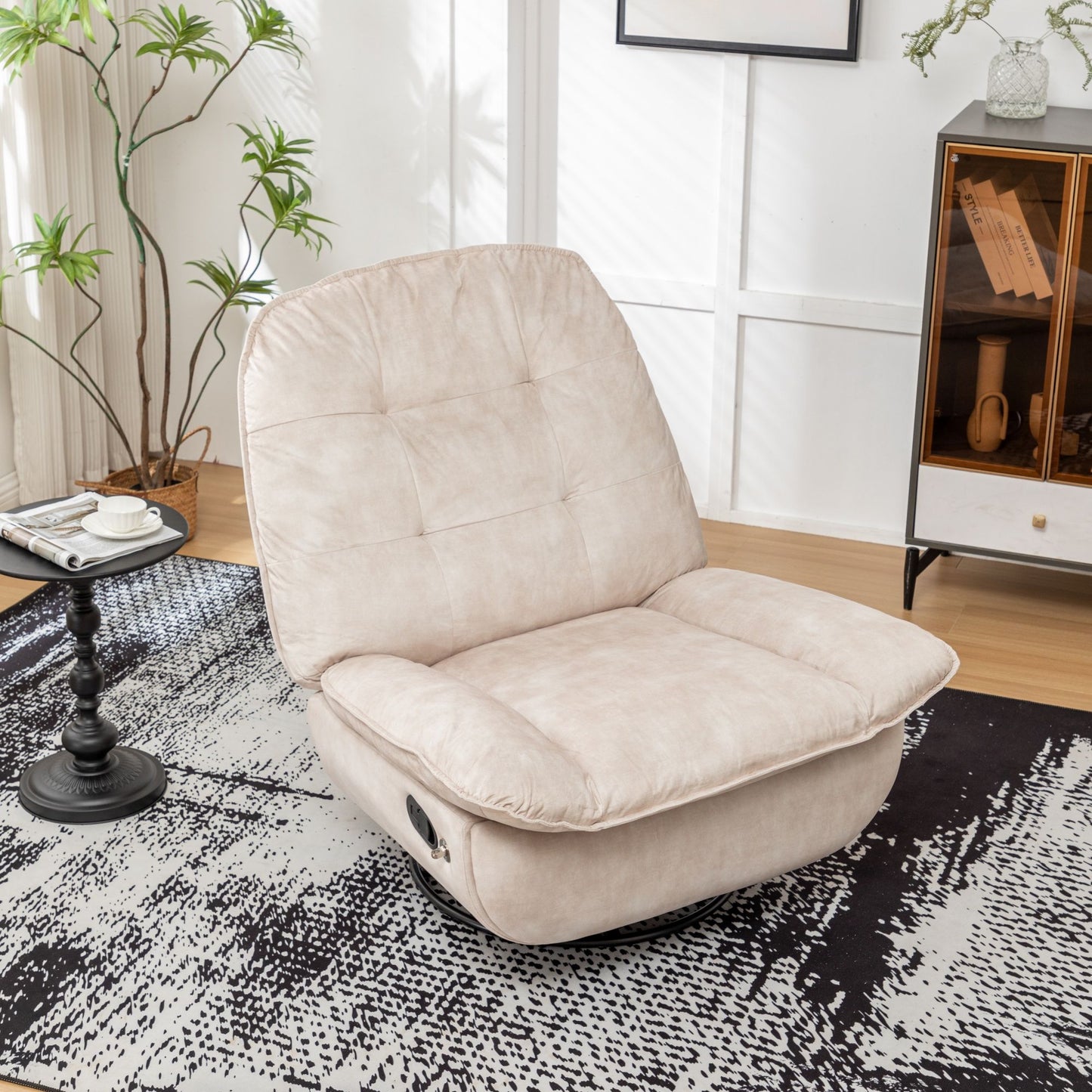 Modern Swivel Gliding Recliner Chair With Rocking Function And Phone Holder - Large Comfortable Reading Chair In Gold Stamped Velvet - Ivory