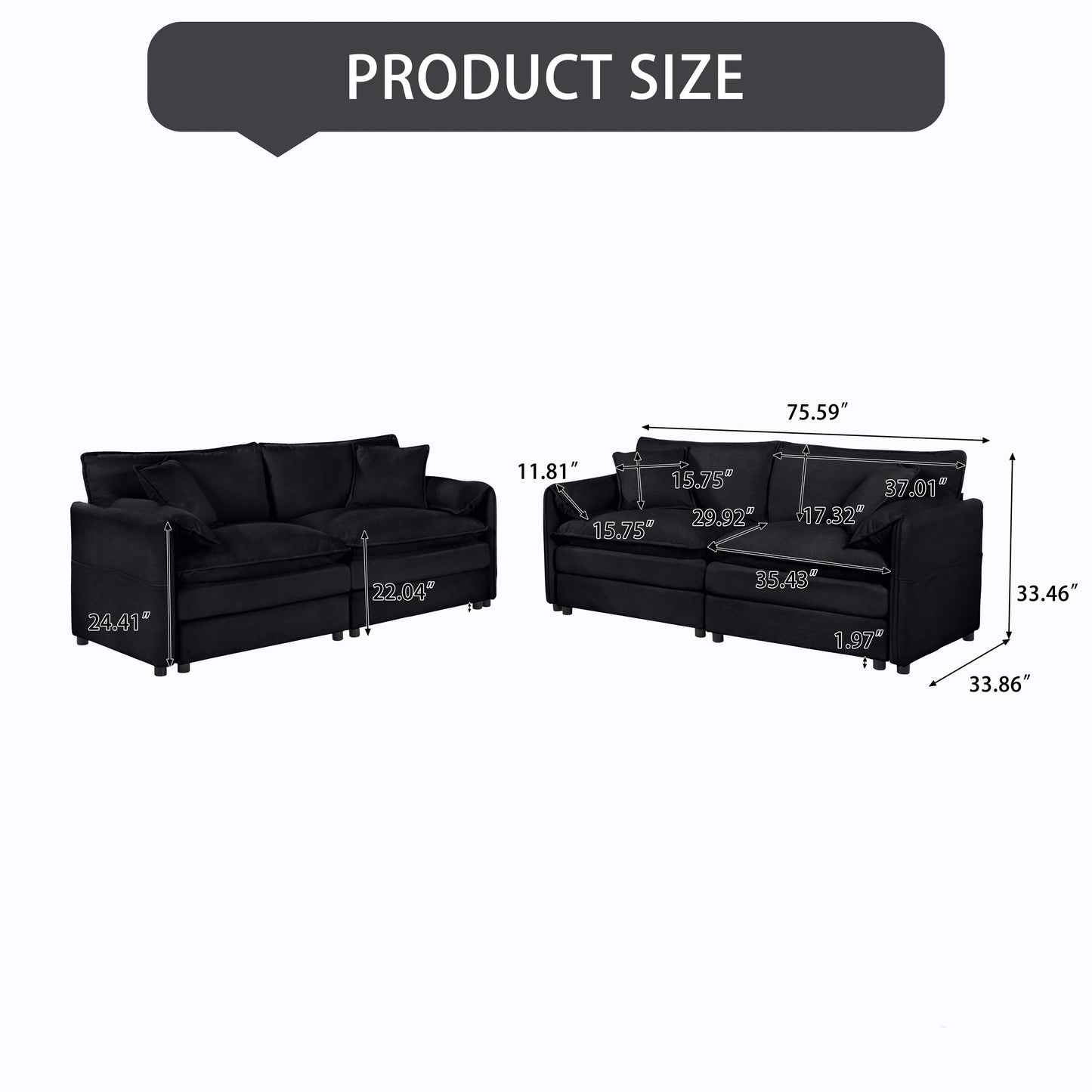 Oversized Deep Seat Luxury 2 Piece Sofa Set, Modern Chenille Comfy Cloud Couches For Living Room Office - Black