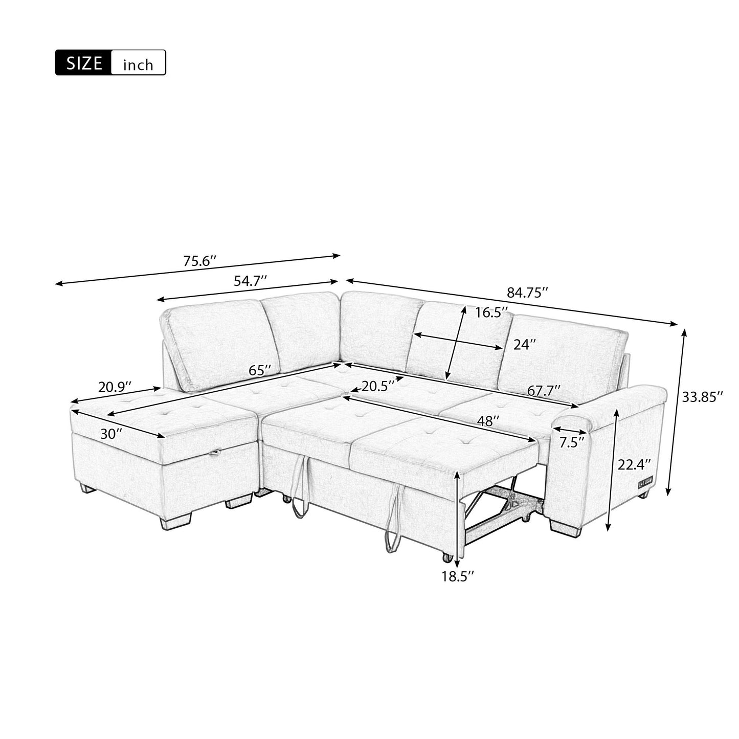 Sleeper Sectional Sofa, L-Shape Corner Couch Sofa - Bed With Storage Ottoman & Hidden Arm Storage & USB Charge For Living Room Apartment - Dark Gray