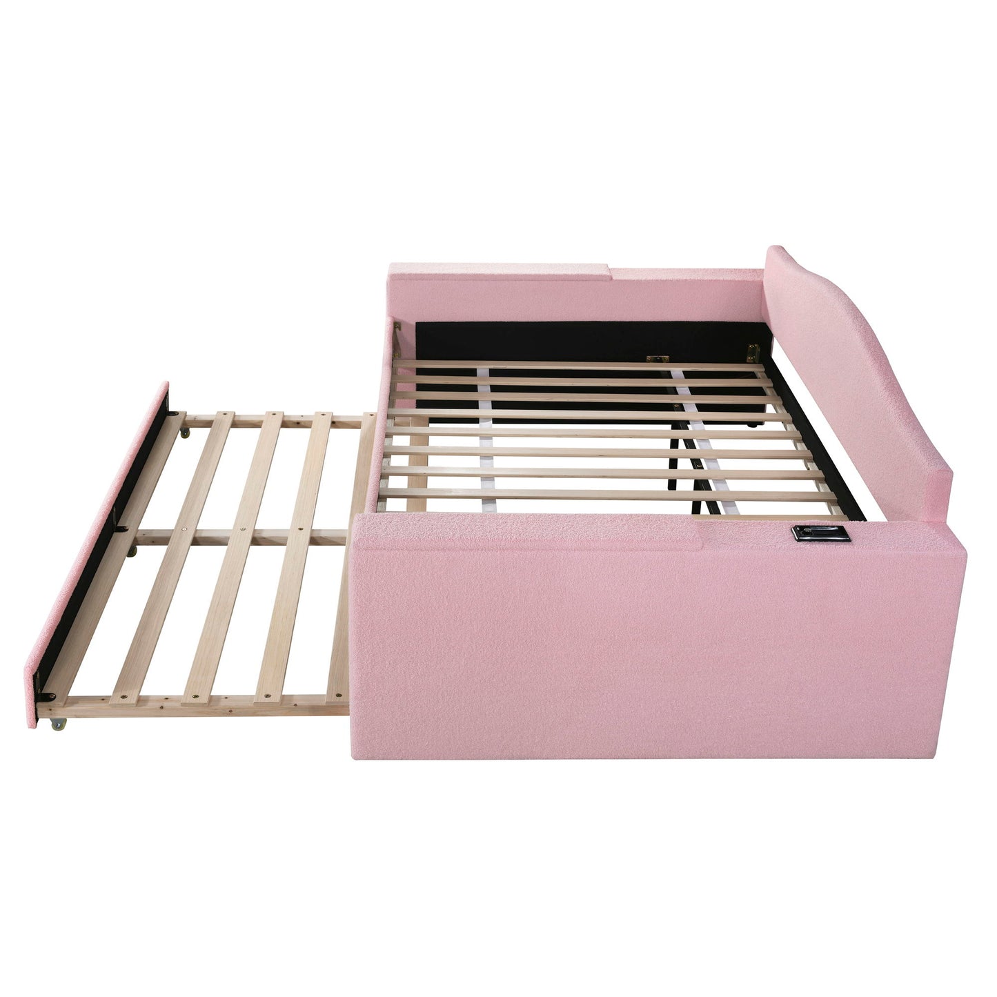Full Size Upholstered Daybed With Storage Armrests, Trundle And Latest Integrated Bluetooth Audio System, Teddy Fleece - Pink