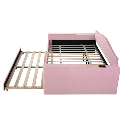 Full Size Upholstered Daybed With Storage Armrests, Trundle And Latest Integrated Bluetooth Audio System, Teddy Fleece - Pink