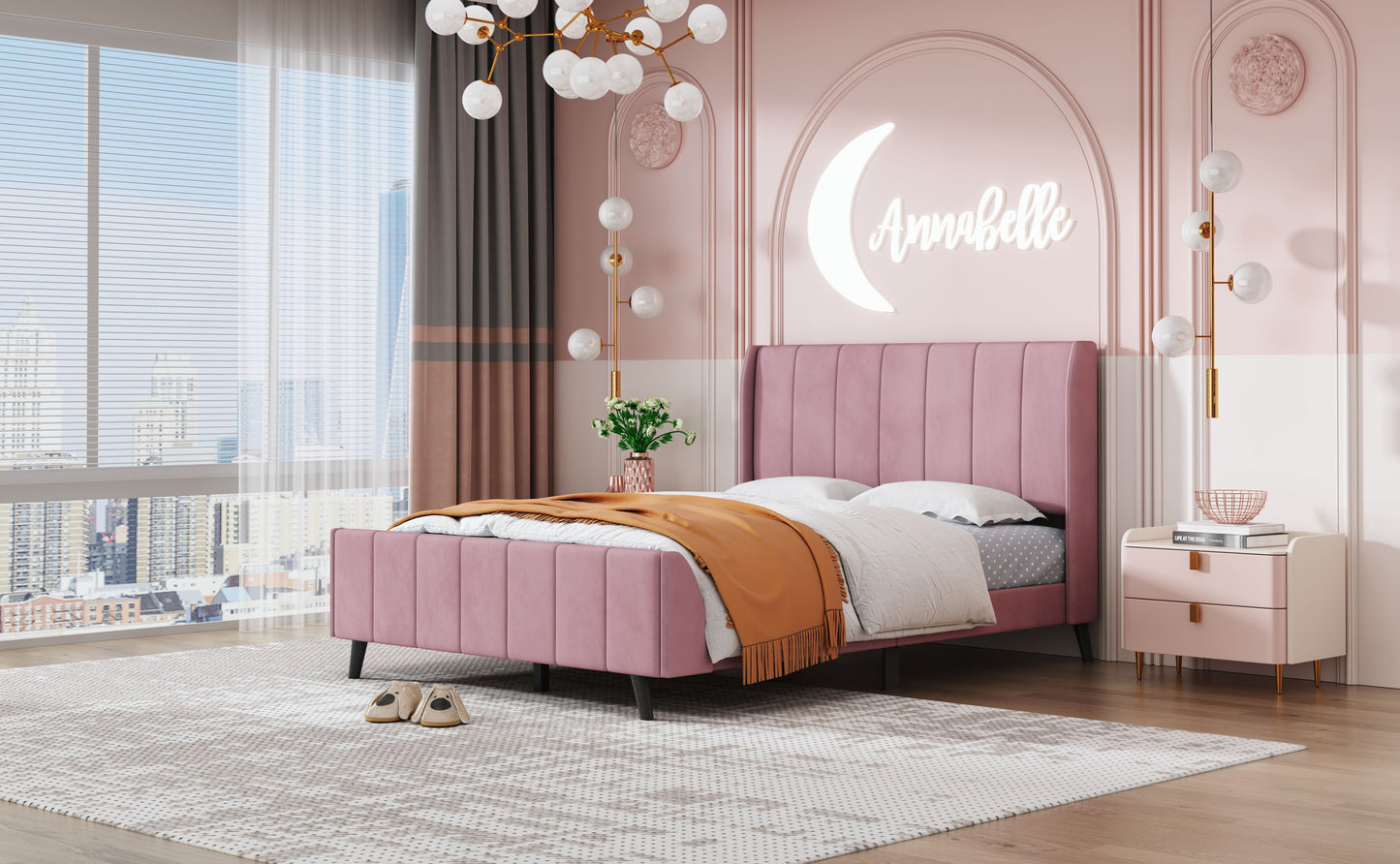 Full Size Upholstered Platform Bed - Pink
