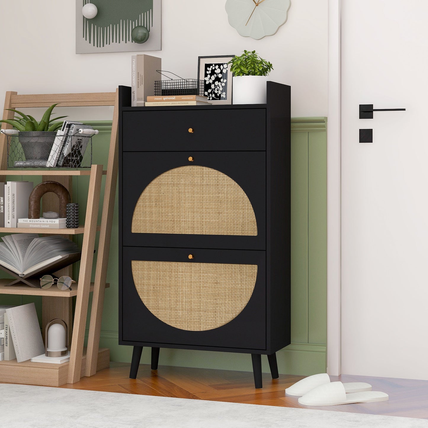 Allen - Rattan 2 Door 1 Drawer Cabinet Shoe Rack For Entrance, Double Layer - Black