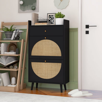 Allen - Rattan 2 Door 1 Drawer Cabinet Shoe Rack For Entrance, Double Layer - Black