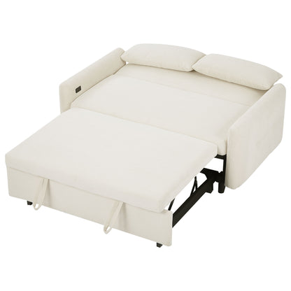 Pull Out Sofa Bed Convertible Couch 2 Seat Loveseat Sofa Modern Sleeper Sofa With 2 Throw Pillows And USB Ports For Living Room - Beige
