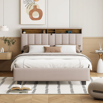 Queen Size Upholstered Platform Bed With Storage Headboard, Twin Long Size Trundle & 2 Drawers And A Set Of Sockets & USB Ports - Beige