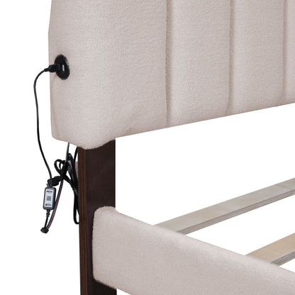 Queen Size Upholstered Platform Bed With Drawer - Beige
