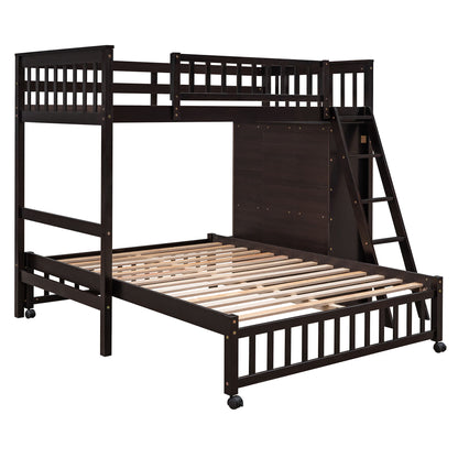 Twin Over Full Bunk Bed With 6 Drawers And Flexible Shelves, Bottom Bed With Wheels - Espresso
