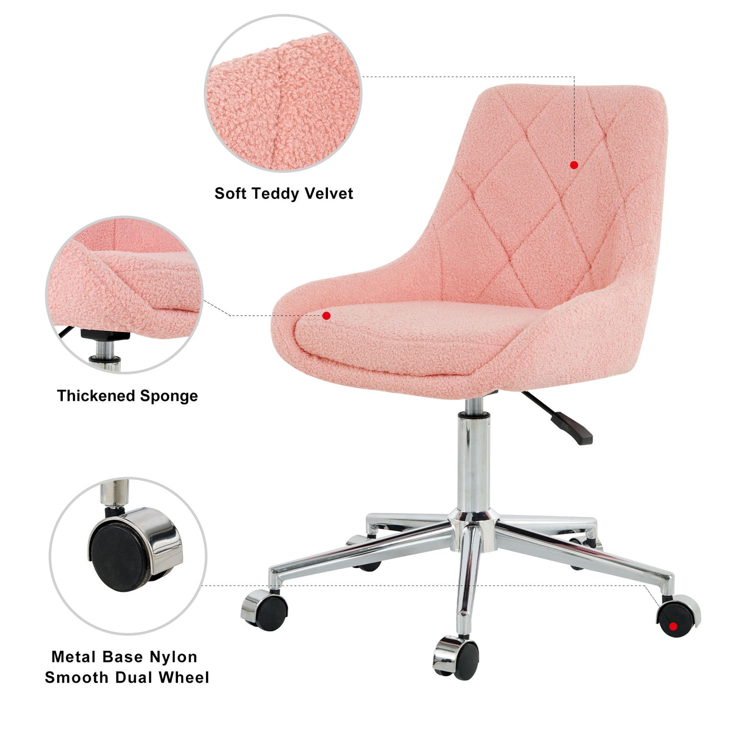 Modern Teddy Velvet Fabric Dining Chair With Golden Electroplated Legs, Soft And Comfortable, Adjustable And Space Saving - Pink